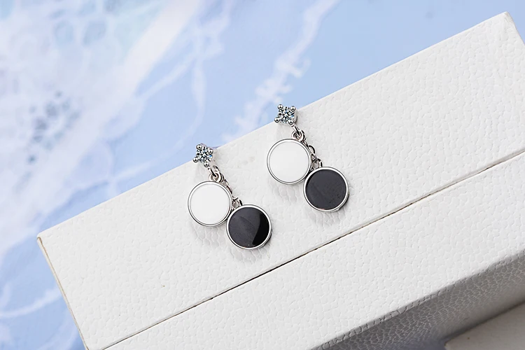 ANENJERY Simple Black and White Round Geometric 925 Sterling Silver Earring For Women Gift S-E844 9 ANENJERY Simple Black and White Round Geometric 925 Sterling Silver Earring For Women Gift S-E844 9