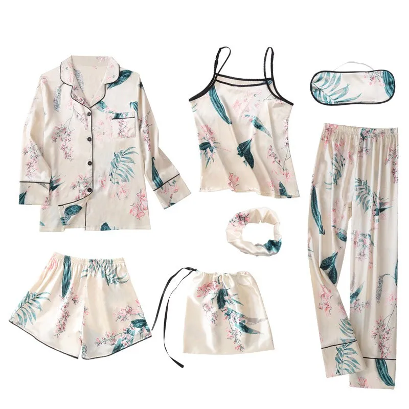 

Pyjamas 7 Pieces Suit Flower Print Shorts Woman Pajamas Set Silk Simple Female Home Wear Clothing Spaghetti Strap Pyjamas