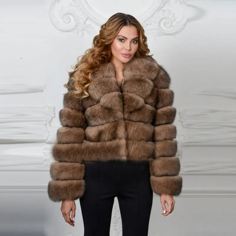 size 50-60 number 01 Женская зимняя шуба из натурального Лисьего меха, в полоску, цвет соболя, модная шуба из натурального Лисьего меха с большим воротником, короткая шуба - Цвет: size 50-60 number 01