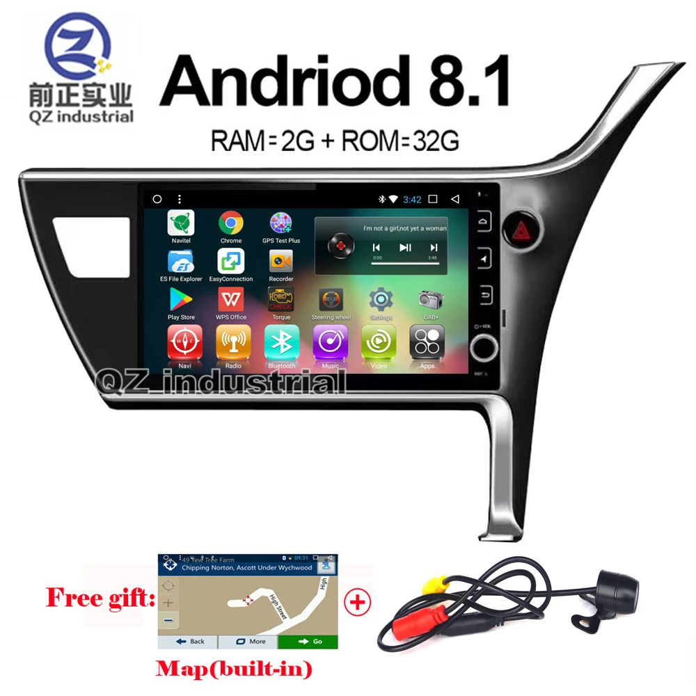 Top QZ industrial 10.2" Android 8.1 T3 Right driving for Toyota corolla 2017 Car DVD player with Camera 3/4G WIFI Radio Navi GPS RDS 0