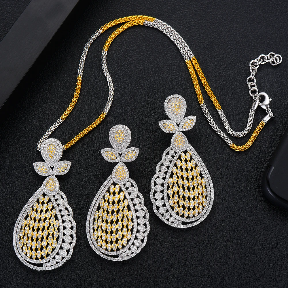 

GODKI Super Luxury Water Drop Cubic Zircon Crystal CZ Engagement Necklace Earring Set For Women Wedding DUBAI Bridal Jewelry Set