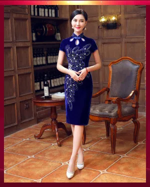 Бархат Cheongsam ротатора китайское платье Ципао платья 3/4 рукавом восточные Стиль платье Для женщин Robe Mariage Femme Chipao Китай