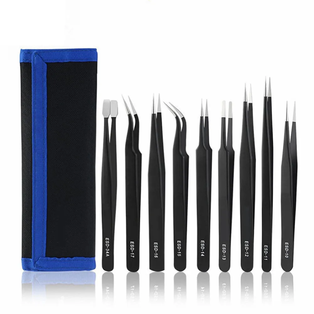 

6/9PCS ESD Tweezers Set Stainless Steel Anti-static Precision Tweezers for Electronic Watch Jewelry Mobile Phone Repair Tool Kit