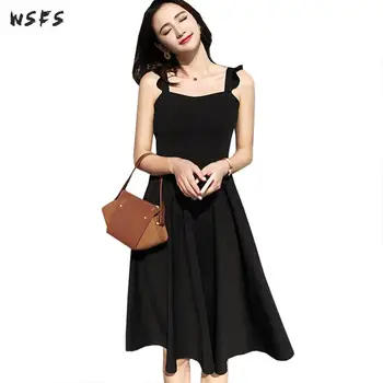 

Summer Black Dresses Spaghetti Strap Sleeveless Womens Dress Long Backless Vintage Office Ladies Sexy Party Aline Midi Sundress