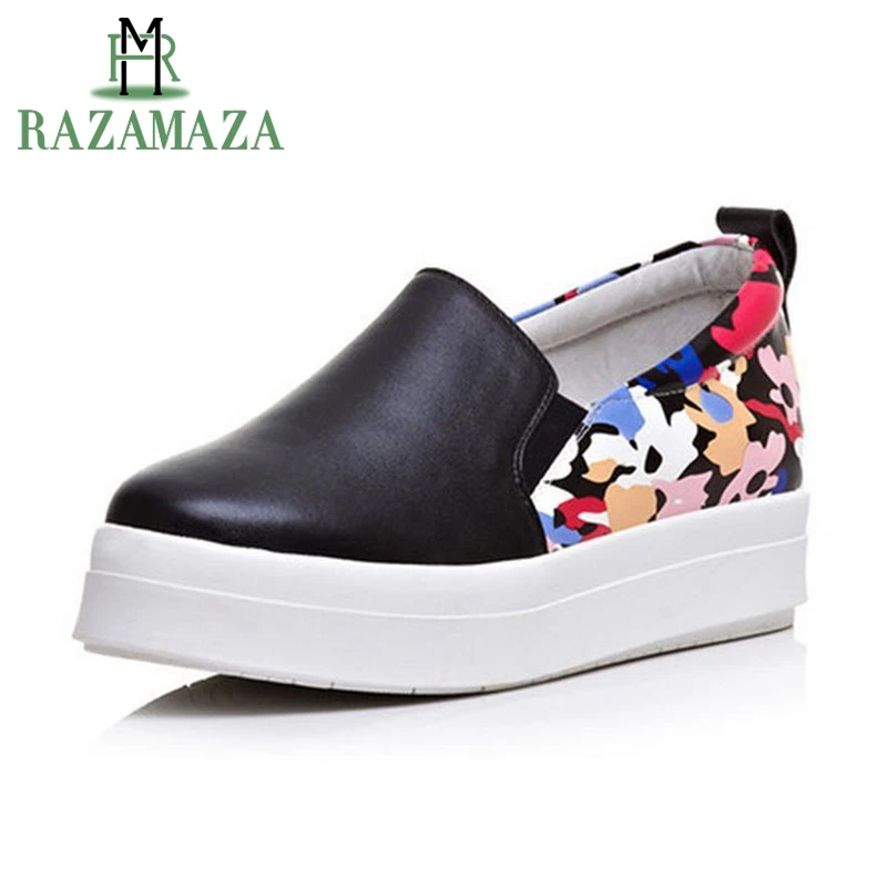 

RAZAMAZA Fashion Women Real Genuine Leather Platform Loafers Patchwork Wedges Shoes Women Flower Thick Bottoms Loafer Size 34-39