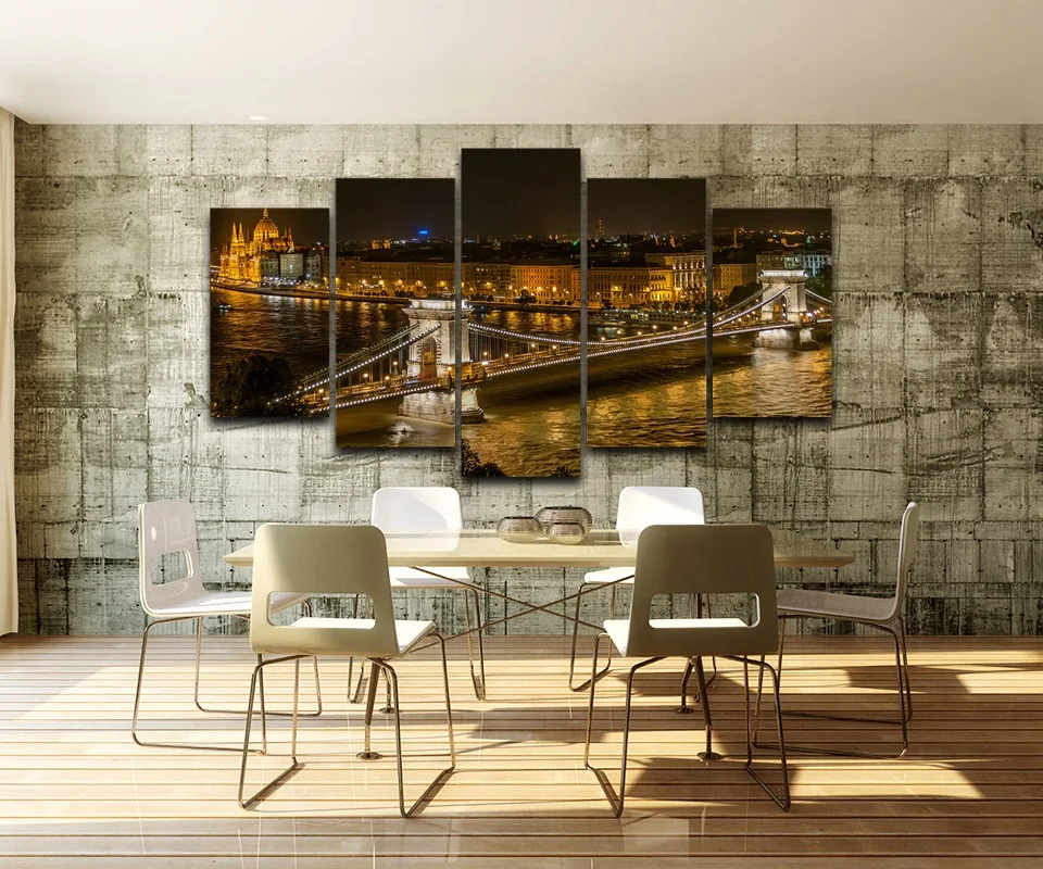 Modular-Vintage-Night-View-Pictures-5-Panel-Hungary-City-Home-Decor-Paintings-On-Canvas-Bridge-Wall (3)
