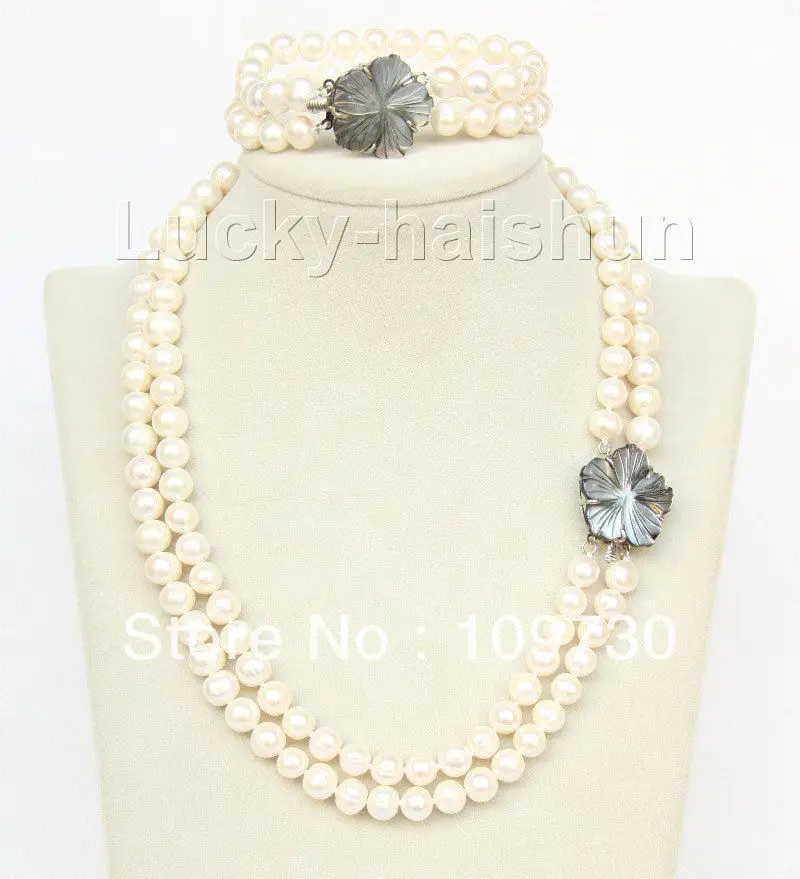 

Jewelry 00360 18" 8" 2row 9mm round white pearls necklace bracelet set seashell clasp (A0513)
