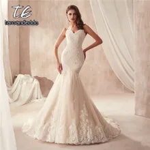 Спагетти ремни Шампанское Русалка свадебное платье 2871 Франция кружево аппликации на тюль с широким подолом свадебные платья
