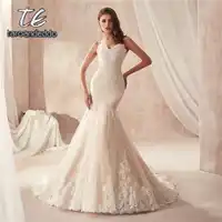 Spaghetti Straps Champagne Mermaid Wedding Dress 2871 France Lace Appliques on Tulle with Wide Hemline Bridal Gowns