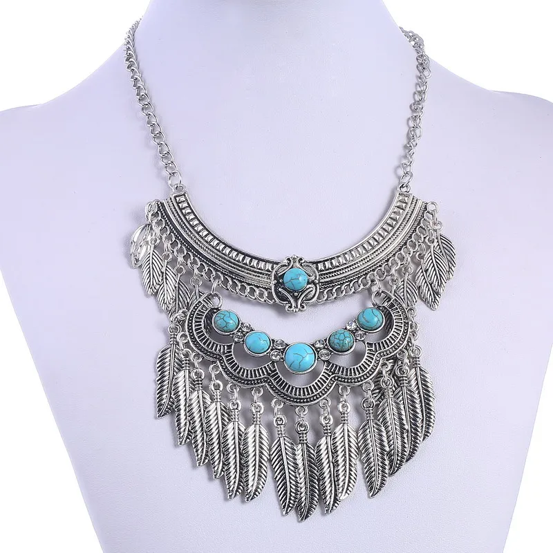 

LOVBEAFAS Fashion Collier Femme Jewelry Vintage Maxi Statement Necklaces Leaves Tassel Blue Stone Beads Bohemian Necklace Women