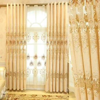

New Luxury Europe Embroidered Tulle Window Curtains For living Room Bedroom Golden Yellow Curtains Window Treatment Drapes