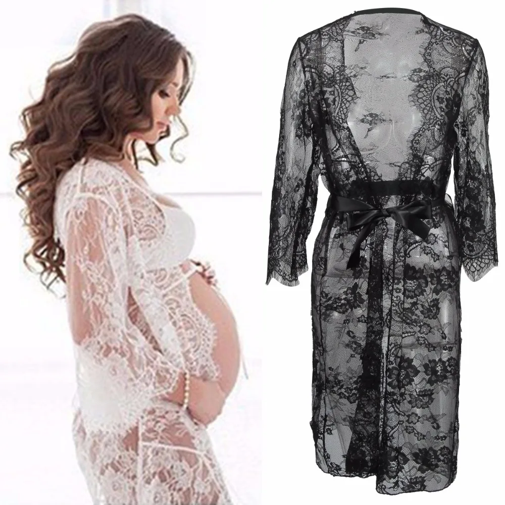 Puseky Maternity Photography Props Pregnant Dress For Photo Shoot Maternity Clothes Long Lace Dress Pregnancy Clothing V Neck double v neck contrast dip hem dress