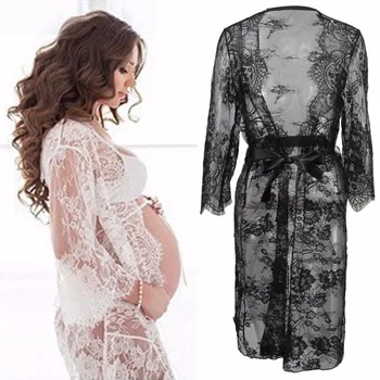 

Summer Pregnant Lace Dress Women Front Split Long Max Maternity Black&White Lace Dress Gown Photography Prop See Through Dress