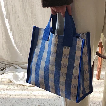 

2019 Estelle Wang Casual Plaid Tote Korean Fresh Waterproof Canvas Bag With Classic Lattice Crossbody Bag Handbag For Women
