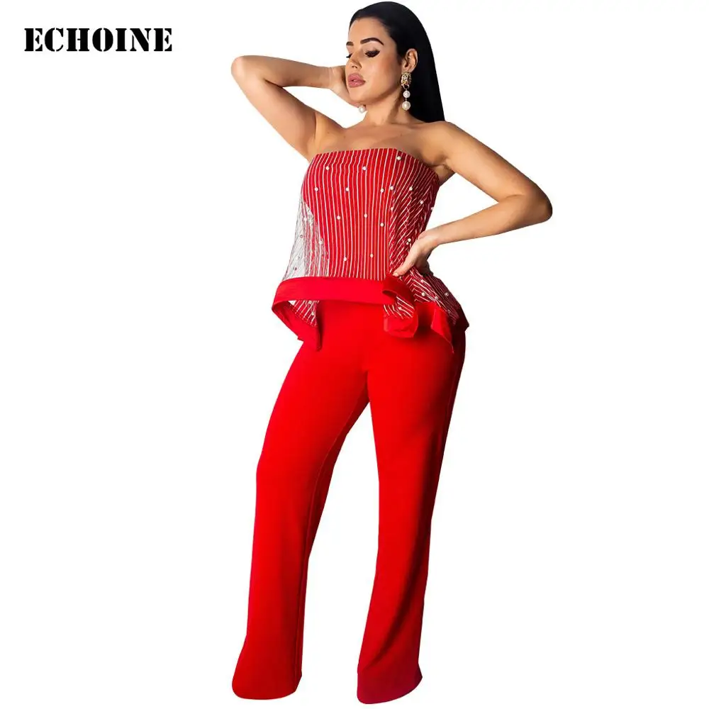 

Echoine Red Sleeveless Strapless Jumpsuit Sheer Mesh pearl Rompers Women Slim Elegant Wide Leg Overalls Party Playsuit