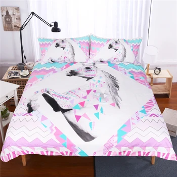 

Vivid fashion white pink 3D Unicorn Bedding Set stripe Duvet Cover Floral 3pcs Bedspreads king Queen Adult Kid Horse Bedclothes