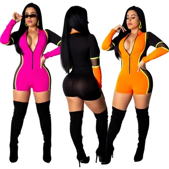 

Mesh Patchwork Women Full Sleeve Deep V Bodycon Short Jumpsuits Women Playsuits