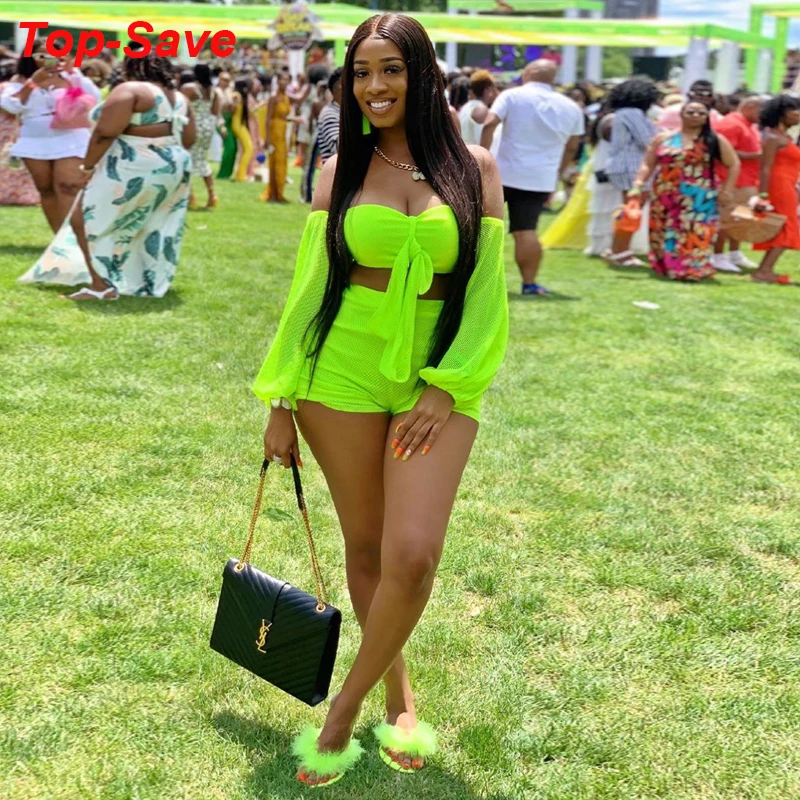

Best Neon Tracksuit Women Crop Top Mesh 2 Piece Set Sexy Nightclub Biker Shorts Set Strapless Outfits Bodycon Ladies Shorts Sets