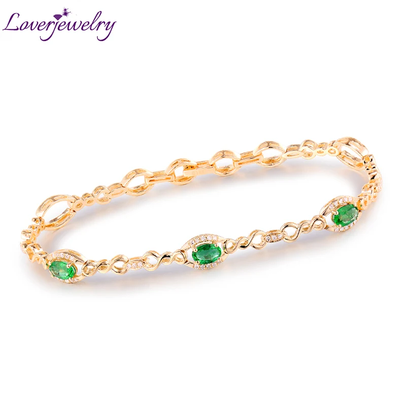 Женский браслет из 18 каратного желтого золота LOVERJEWELRY белого изумруда с овальными