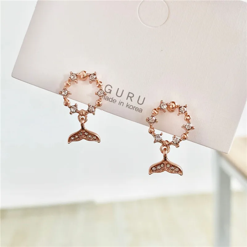 

Korean hot fashion jewelry cute small round crystal fishtail earrings for women gift