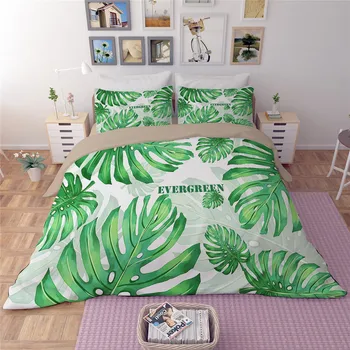 

2018 Summer Green white Leaf Bedding Sets Queen Single king 3/4PCS Duvet Cover Set bed flat Sheet Good quality 3D bedclothes