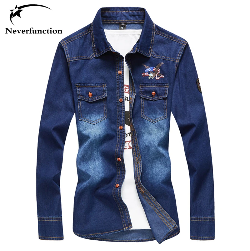 Denim Shirts summer Fashion new Men Cotton Slim Fit Jeans Shirt Male Casual Long Sleeve washed 