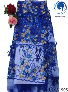 

BEAUTIFICAL nigerian lace fabrics 2019 New design net lace sequins fabric for wedding Blue 3d tassels lace sequins ML1N819