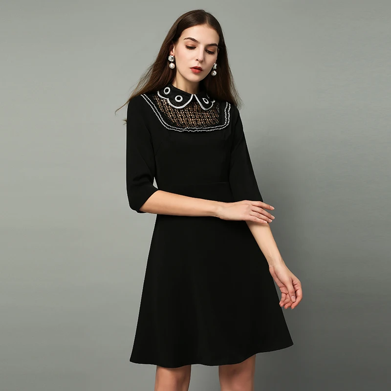 Autumn Pretty Black Dress Women High Quality Elegant Half Sleeve Turn-down Collar Hollow Out Slim Dress