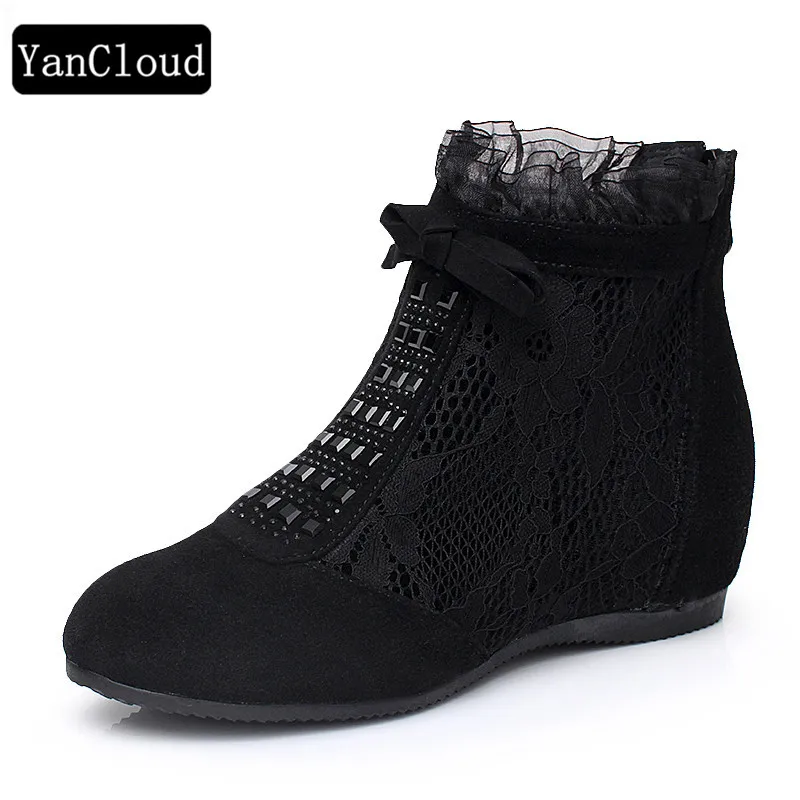 Chaussures Femme Bottes Mode Booots Cuir Augmenter Noir Creux Véritable De D'été 2019 En Nouveau Hauteur Dentelle Femmes Respirant Cheville wEwqZTynga