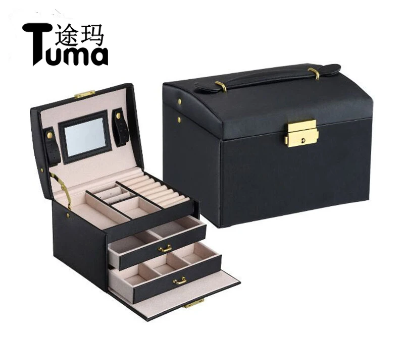 Three Layers 2018 Classical High Quality Leather Jewelry Box Jewelry Exquisite Makeup Case Jewelry Organizer Fashion Gift Box 