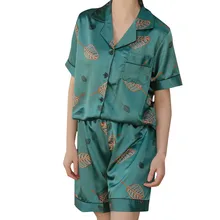 Для женщин моделирование шелк печати пижамы с принтом листьев пижамы ночное белье летний комплект шифоновое платье 40mi01