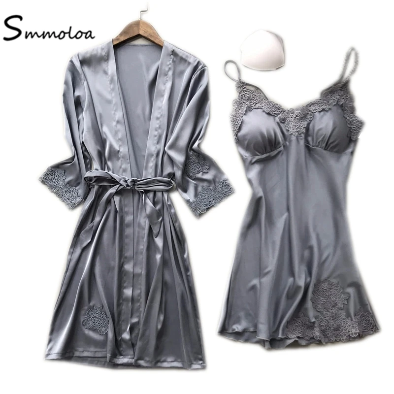 Smmoloa Women Sexy Satin Lace Robe With Gown Bras Padded Silk Nightgown