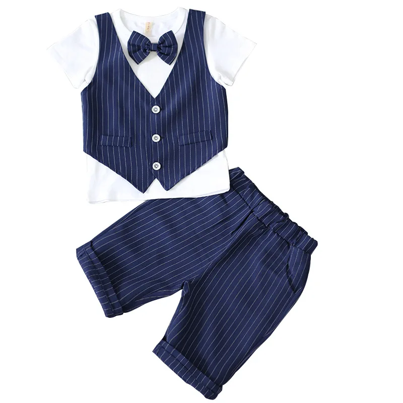 

Boys Clothing Set Summer Baby Kids Prince Suit Gentleman Shirt Stripe Pants Boy Formal Wedding Birthday Party Costume F126