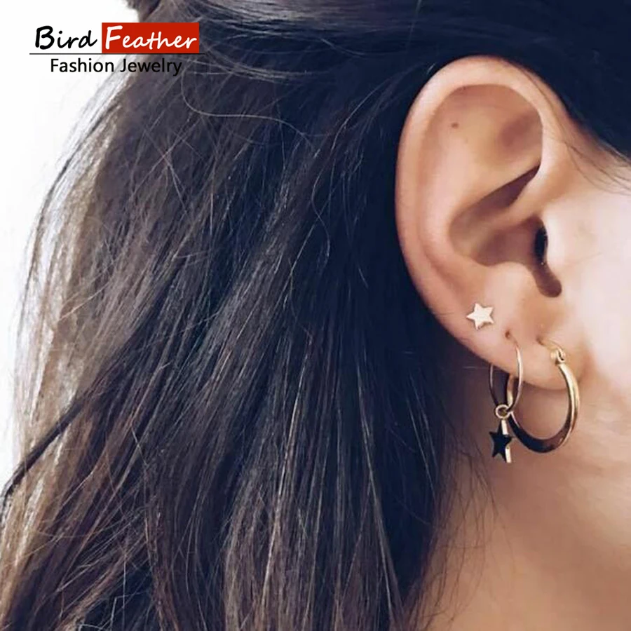 Women Girls Small Hoop Drop Earrings Star Moon Pearl Triangle Feather Dangle Earrings