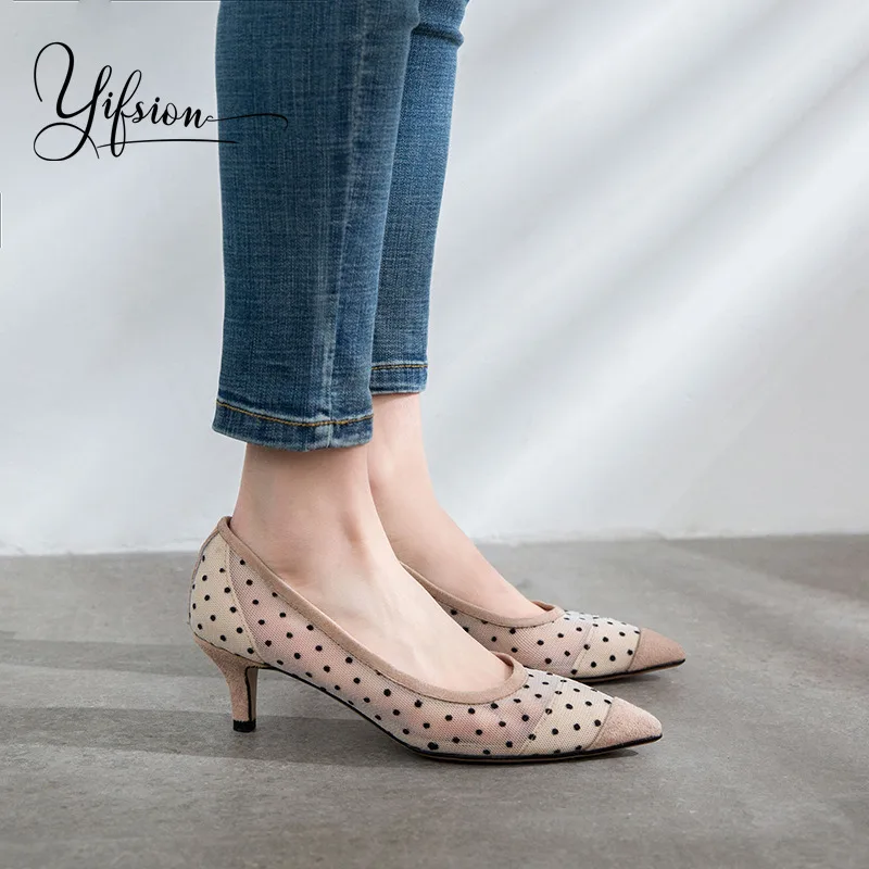 

YIFSION New Fashion Spring Summer Women Pumps Sexy Pointed Toe Air Mesh Slip On Thin Mid Heel Ladies Pumps Party Shoes Woman