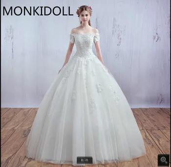 

2016 new arrival ball gown white wedding dress lace appliques beading pearls wedding gowns off the shoulder bride dress on sale