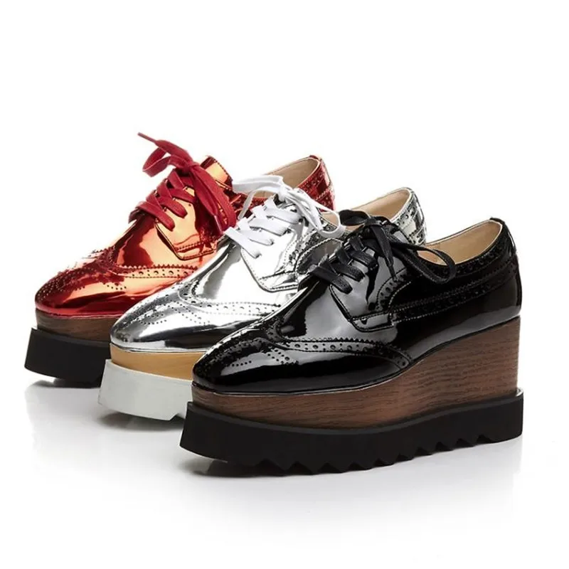 Mirror Patent Leather Womes Pumps Square Toe Lady Platform High Heels Brogues Shoes College Casual Wedegs Oxford Shoes For Woman (20)