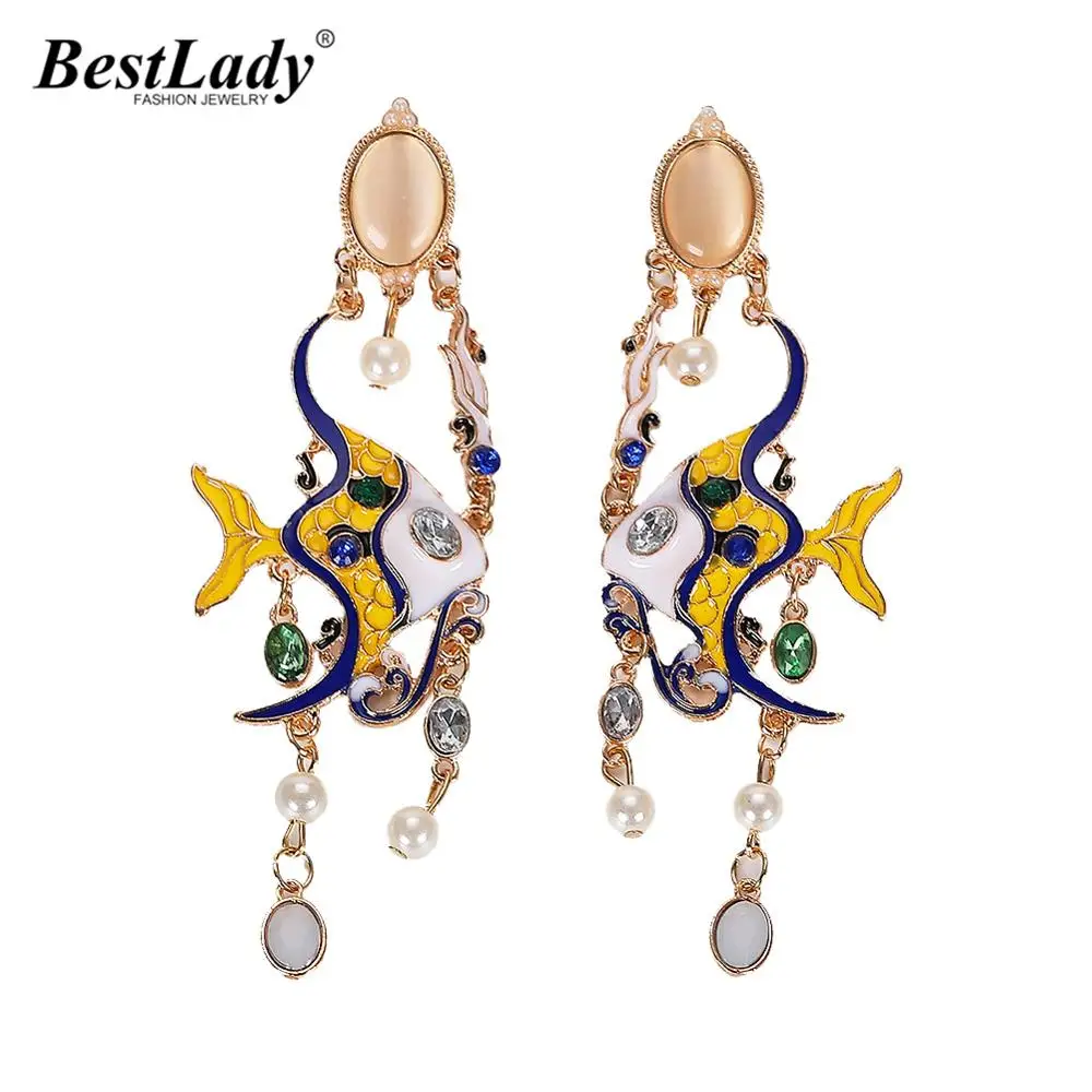 

Best lady Ethnic Multi Color Fish Pendant Wedding Earrings Drop Party Jewelry Gifts Luxury Birds Tassel Dangle Earring Wholesale