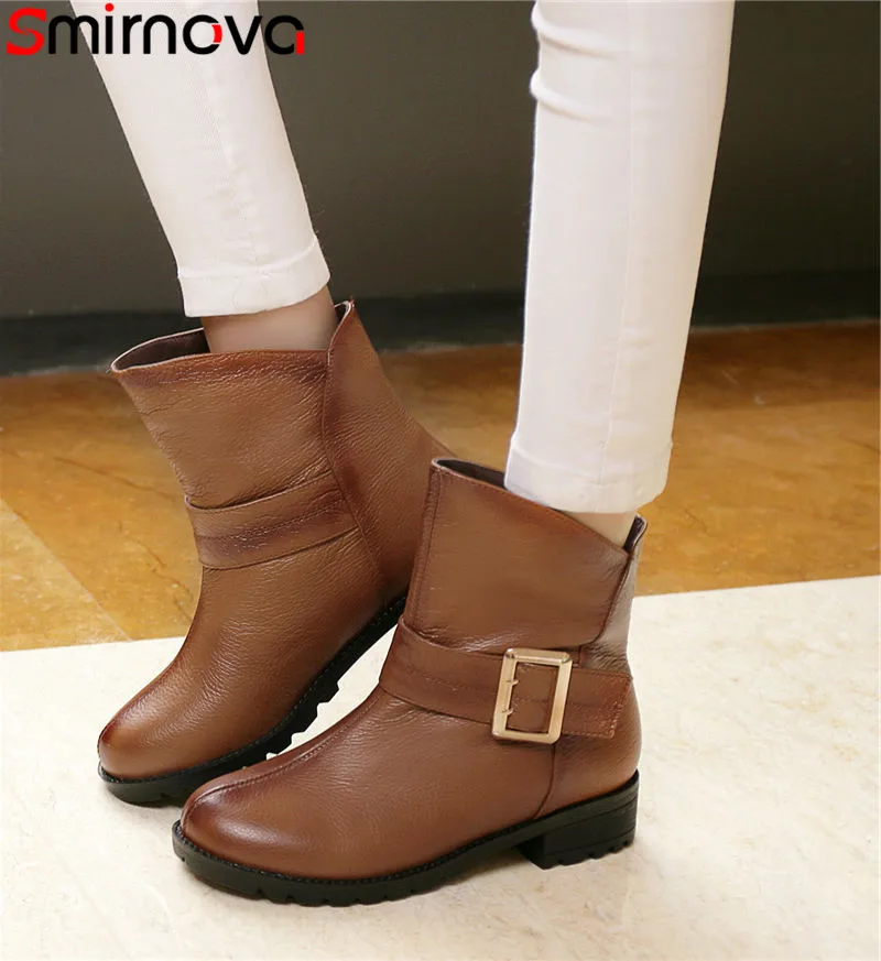 

Smirnova metal decoration 2018 genuine leather fashion boots round toe ankle boots solid square heel simple slip on women boots