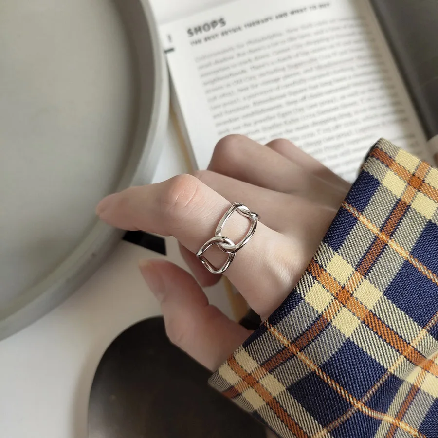 

New arrival punk style 925 Sterling Silver Rings Simple Chain Opening Design Rings Korea Style Retro Silver Jewelry Bijoux Femme