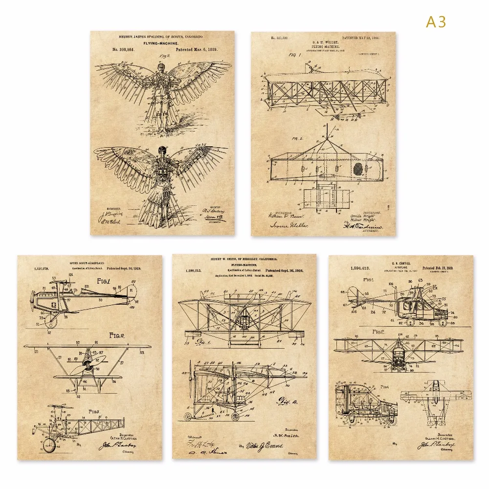 Винтажный ранний самолет Летающий аппарат наборы художественных печатных патентов 5 в 1 самолет детский самолет стены искусства классический самолет