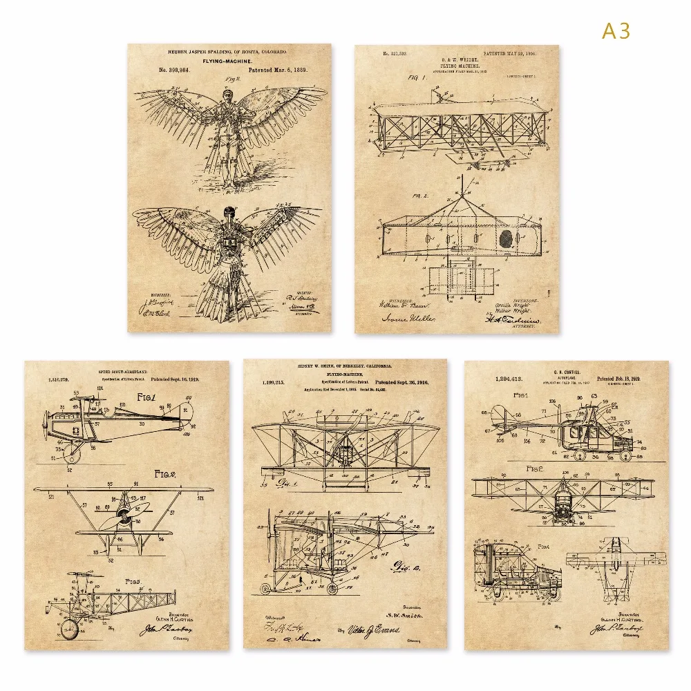 

Vintage earlier airplane flying machine patent art prints sets 5 in 1 Airplane Nursery Plane Wall Art classic aircraft