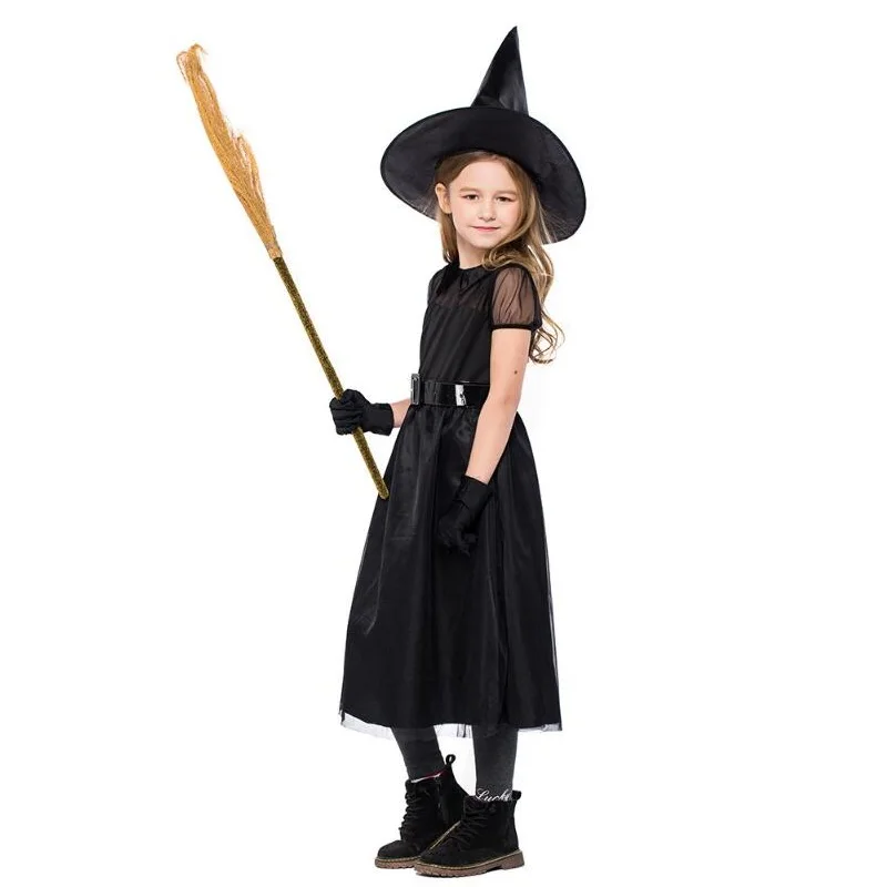 Новинка, Детские вечерние костюмы на Хэллоуин, костюм ведьмы для косплея для девочек, карнавальный черный костюм, платье ведьмы с шапкой и поясом