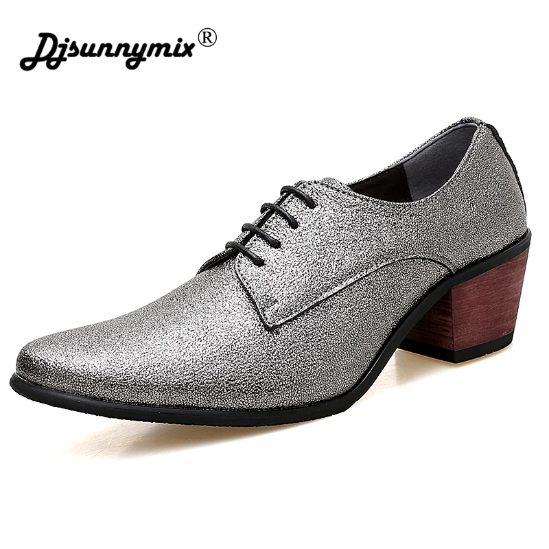 

DJSUNNYMIX Brand New Arrival Men Dress Shoes Designer Younger Pointed Toe High Heels Wedding Shoes Man Lace Up Trend Shoes