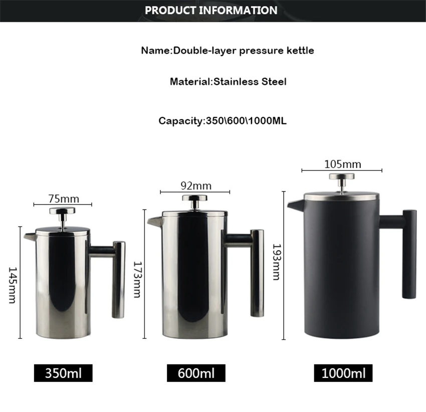 350/600/1000 мл французский Пресс Кофе горшок с двойными стенками Нержавеющая сталь наборов ножей с антипригарном покрытием Кофеварка утепленная Кофе Чай чайник