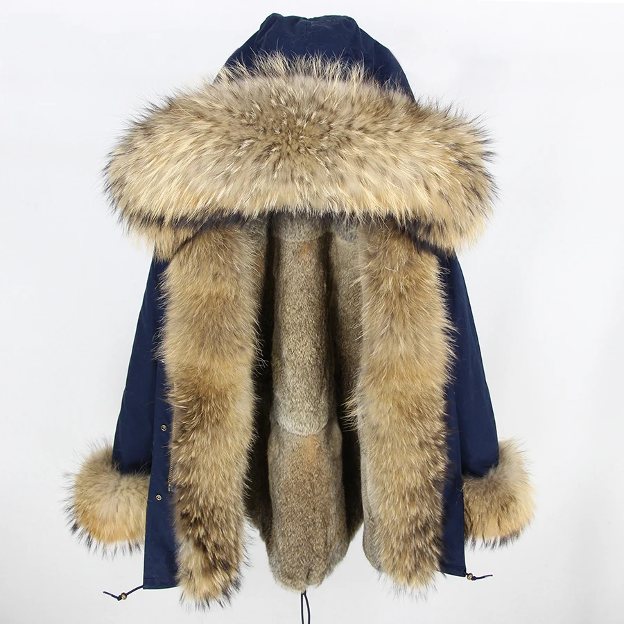 OFTBUY длинная парка зимняя куртка женская парка пальто из натурального меха енота капюшон Подкладка из натурального кроличьего меха Роскошная уличная одежда - Цвет: blue natural