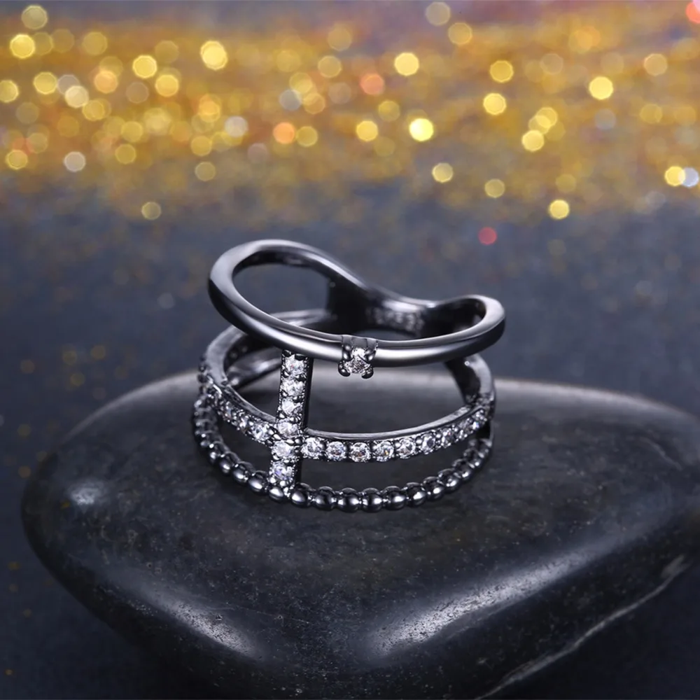 Geometric Design Cubic Zirconia Party Accessorise Black Gun Color Rings For Womens Fashion Jewelry (JewelOra RI103321)