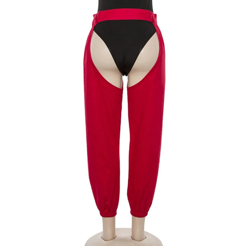 Модные свободные сексуальные красные брюки в стиле хип-хоп женские открытые брюки в стиле панк с пряжкой с высокой талией спортивные брюки для бега