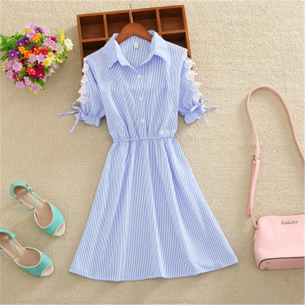 

Elegant Office Summer Dress Shirts for Women Blue Stripped Cotton Turn Down Collar Dresses Work Wear Office Lady Shirt Dresses