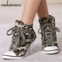 Korean Style Spring Autumn Women High Heels Lace Up Camouflage Rivets Fashion Denim Shoes Woman Pumps Canvas Size 34-41